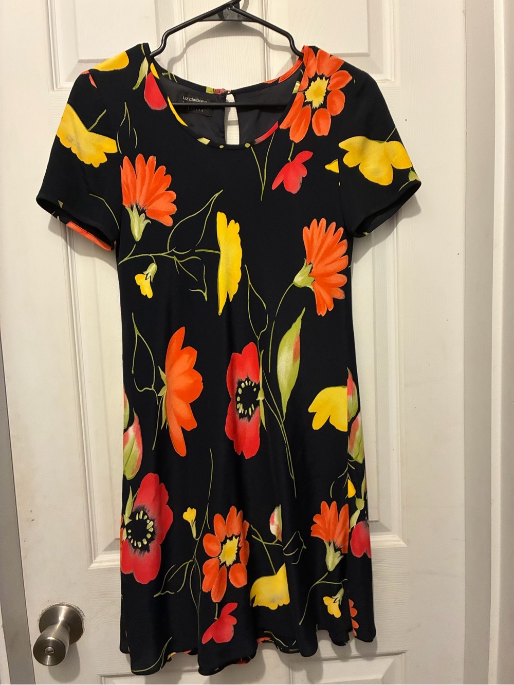 Liz Claiborne Black Floral Short-Sleeve Dress with Orange & Yellow Blooms